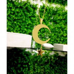 925 Ayar Gümüş Sallanır Ay Yıldız Model Gold Kolye Özel Gün Hediyesi