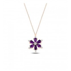 Ametist Taşlı 925 Ayar Gümüş Lotus Çiçeği Kadın Kolye