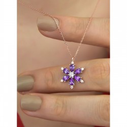 Ametist Taşlı 925 Ayar Gümüş Lotus Çiçeği Kadın Kolye