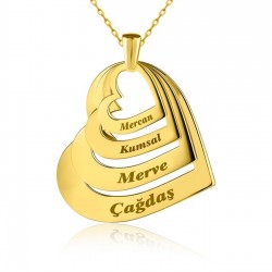 Dört İsimli Kişiye Özel Kalpler Altın Kaplama Gümüş Kolye