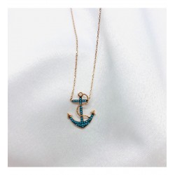 Firuze Taşlı Denizci Çapası Gümüş Kolye