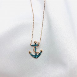 Firuze Taşlı Denizci Çapası Gümüş Kolye
