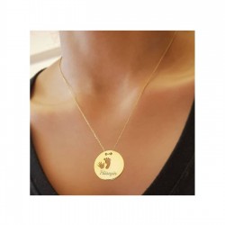 Gold Yuvarlak Plaka İsimli Bebek El Ayak Model Gümüş Kolye