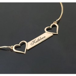 Gümüş İsimli İkili Kalp Detay Kişiye Özel Gold Plaka Kolye