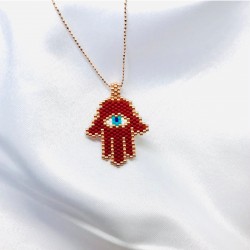 Kırmızı Örme Fatma Ana Eli Gümüş Kolye