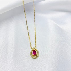 Kırmızı Rubyy Damla Taşlı Tasarım Gümüş Kolye