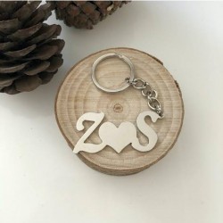 Kişiye Özel İkili Harf Model Kalp Detaylı Gümüş Hediyelik Anahtarlık