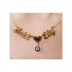 Kişiye Özel İsimli Nazar ve Kalp Detaylı Gümüş Kolye