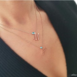 Kişiye Özel Nazar Detaylı Çift Zincirli Harf Gümüş Kolye