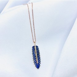 Mavi Taşlı Yaprak Model Gümüş Kolye
