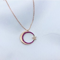 Mor Taşlı Ay Yıldız Gümüş Kolye