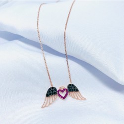 Mor Taşlı Kalp Detay Melek Kanadı Gümüş Kolye