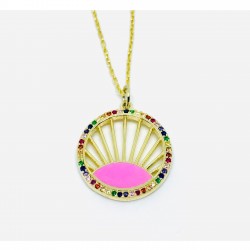 Pembe Neon Taşlı Gümüş Kolye