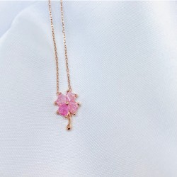 Pembe Taşlı Yonca Gümüş Kolye