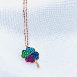 Renkli Taşlı Yonca Gümüş Kolye