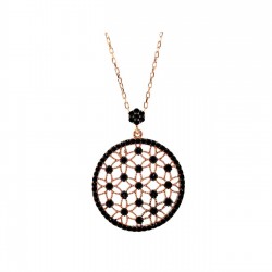 Siyah Taşlı Yaşam Çiçeği Kolye