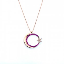 Taşlı Ay Yıldız Gümüş Kolye