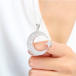 Taşlı Ay Yıldız Model Gümüş Kolye Özel Gün Hediyesi