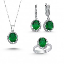 Zümrüt Yeşil Oval Kesim 925 Ayar Gümüş Hediyelik Kadın Set 