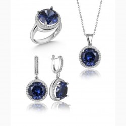 925 Ayar Yuvarlak Kesim Mavi Safir Kadın Hediyelik Set