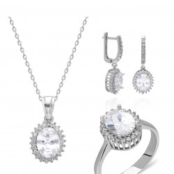 Zirkon Taş Oval Kesim 925 Ayar Gümüş Üçlü Kadın Set