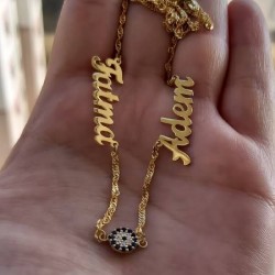 Nazar Detaylı Kalın Zincirli Kişiye Özel İkili İsim Gümüş Kadın Kolye 