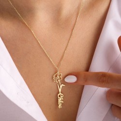 Çiçek Detaylı Kişiye Özel İsimli Gold 925 Ayar Gümüş Kadın Kolye 