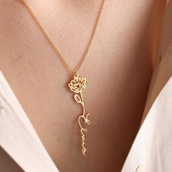 Çiçek Detaylı Kişiye Özel Dikey El Yazısı İsimli 925 Ayar Gümüş Kadın Kolye 