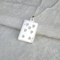 İskambil Kartları Maça Yedili Unisex Gümüş Plaka Kolye 