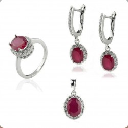 Kırmızı Yakut 925 Ayar Gümüş Kadın Üçlü Set Özel Gün Hediyesi